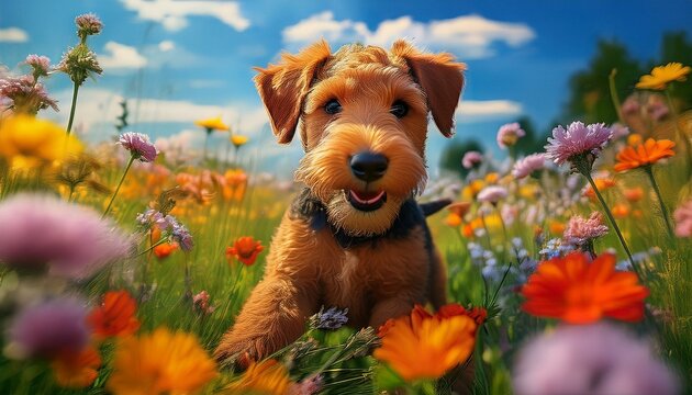 Airedale Terrier Welpe auf einer Blumenwiese