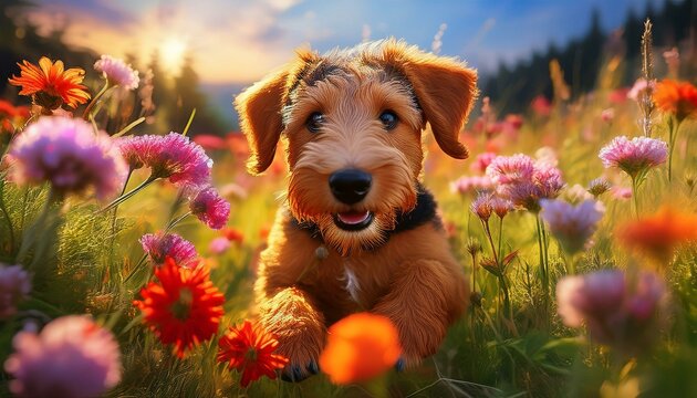 Airedale Terrier Welpe auf einer Blumenwiese