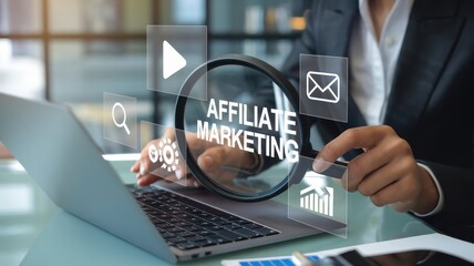 Affiliate marketing strategy explored with a magnifying glass and laptop