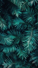 Lush green palm leaves overlapping in a dense arrangement, creating a tropical ambiance