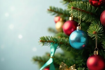 Evergreen branch with colorful glass balls and ribbons, christmas tree, glass balls, festive