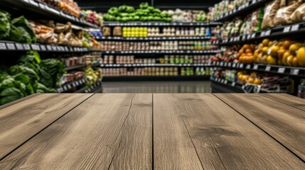 Fresh Produce Display in Grocery Store with Wooden Table and Blurred Background