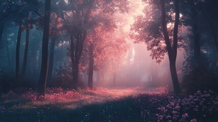Obraz premium Enchanted Forest: A Dreamlike Sunrise in a Misty Woodland