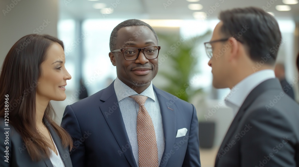 Aufkleber A multi-ethnic corporate team engages in a dynamic conversation, showcasing collaboration and unity in a bright, contemporary office environment during work hours