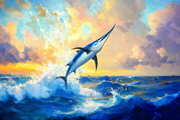 Fototapeta premium Blue Marlin jumping out of the ocean. Big fish in the sea.