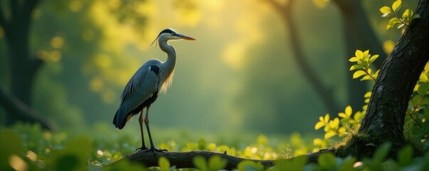 Heron in treetop stance surveying surroundings, ornithology, heron