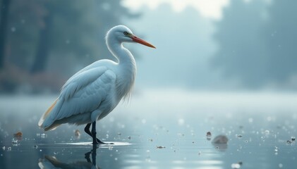 Obraz premium Heron's snowy plumage blends with the misty lake atmosphere, feathers, lakes
