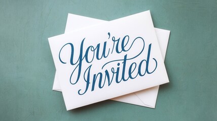Elegant invitation card with stylish lettering on teal background
