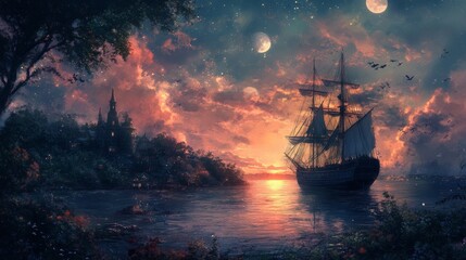 Obraz premium Sunset Sail: A Fantasy Seascape