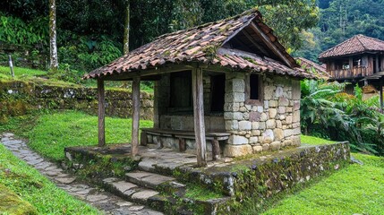 Quaint stone shelter in lush green landscape with mountains in the background, showcasing nature's beauty