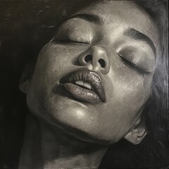 A close-up portrait showcasing a serene, expressive face with closed eyes and slightly parted lips, emphasizing detailed textures and shadows.