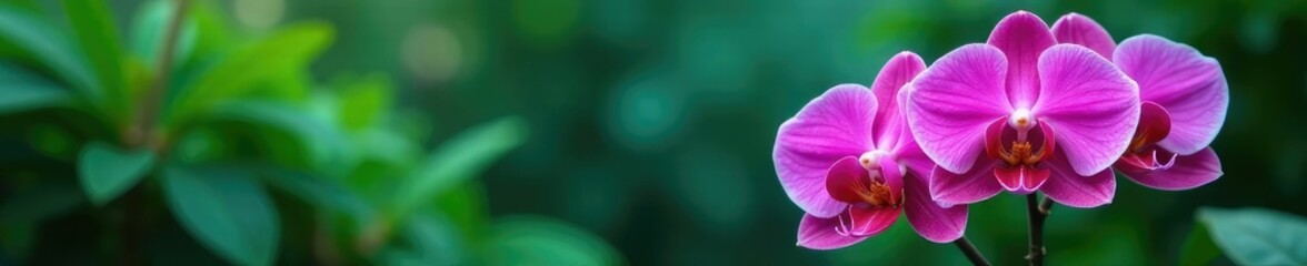 Obraz premium Pink orchids in a lush blue-green garden with tropical foliage, nature, contrast, orchid