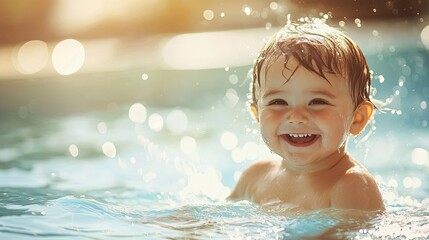 Child joyfully splashes in pool, radiating pure happiness.