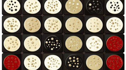 Abstract arrangement of circular patterns showcasing various colors and textures in a grid format