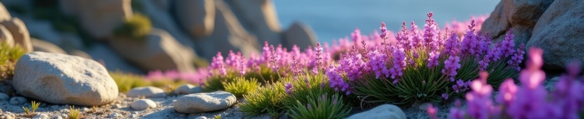 Obraz premium Purple blooms sprouting from the rocky terrain, purple, wildflower, terrain