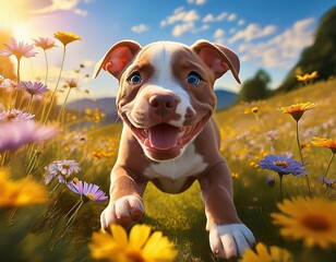 Pitbull Welpe auf einer Blumenwiese