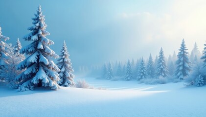 Naklejka premium Serene winter scene with a misty blue background and a frozen forest landscape of snowy trees, misty background, forest scenery, winter landscape