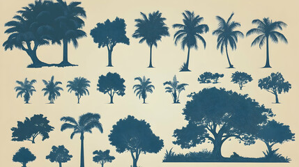 Tropical tree silhouettes, design elements, beige background, website graphics