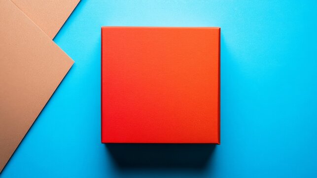 Red Square Box on Blue Background with Tan Paper