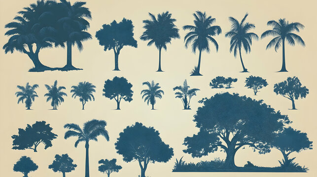 Tropical tree silhouettes, design elements, beige background, website graphics