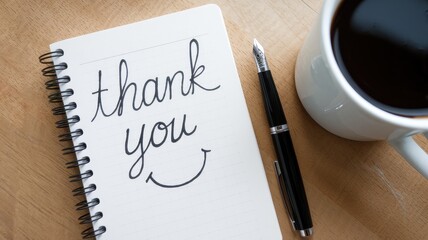 Thank you note with a pen and a cup of coffee