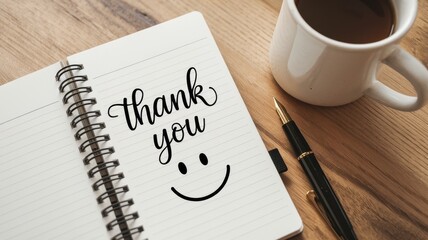 Thank you message and smiling face drawn on notebook