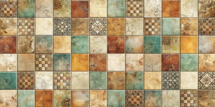A Multitude of Square Tiles in Earthy Tones Featuring Diverse Patterns and Textures Arranged in a Regular Grid for Interior Design Applications