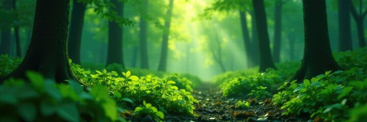Fototapeta premium Softly glowing green leaves illuminate the forest floor, forest, serene, misty