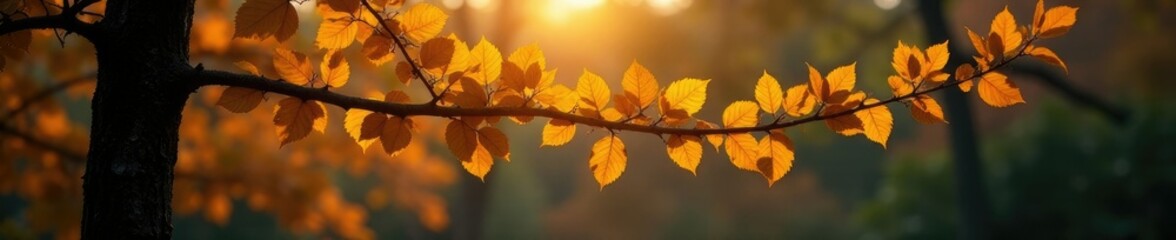 Obraz premium Softly glowing last yellow leaves on treetop branches in the twilight, autumn foliage, soft glow