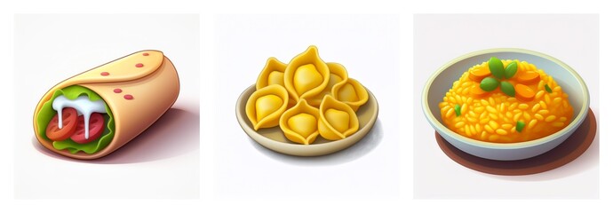Three food dishes are displayed: a wrap with filling and sauce, shell pasta on a plate, and a bowl of yellow rice with vegetables.