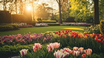 Obraz premium Vibrant display of springtime tulips in a meticulously maintained garden