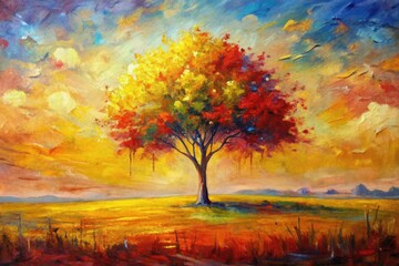 Autumnal Tree in a Vibrant Landscape, Painted with Bold Strokes and Rich Colors, Evoking a Sense of Tranquility and Wonder