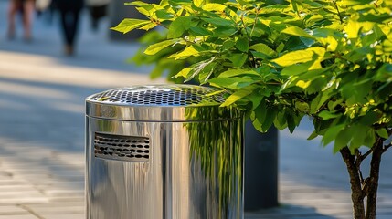 Modern trash bin beside vibrant green shrubbery in a bustling urban environment
