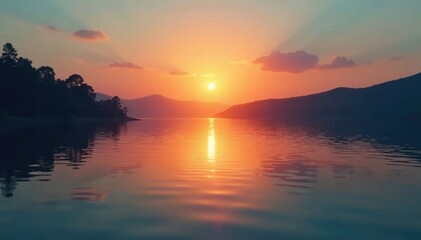 Fototapeta premium Softly glowing sunset over a serene lake with subtle ripples on the water's surface, nature, calm, sunset