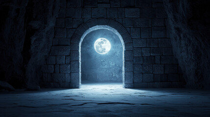 Snow Moon Concept, Ancient stone archway illuminated by full moon, creating mystical atmosphere