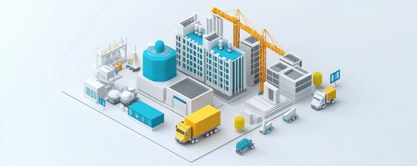 Obraz premium A modern industrial complex featuring buildings, cranes, and trucks, emphasizing construction and logistics in a simplified, colorful design.