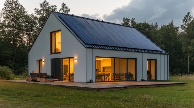 Modern house with solar panels on gable roof, clean design, natural light, sustainable living concept.