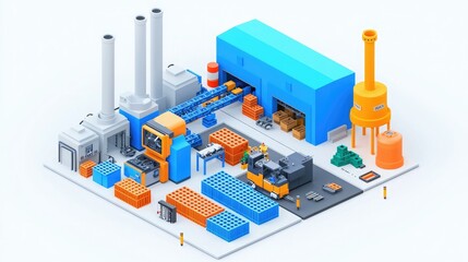 Obraz premium A colorful, isometric illustration of a factory with machinery, storage units, and smokestacks, emphasizing industrial operations and logistics.