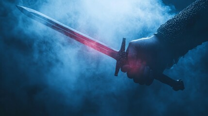 A knight's hand grips a sword, smoke swirling around them. A dramatic image in cool blue tones.