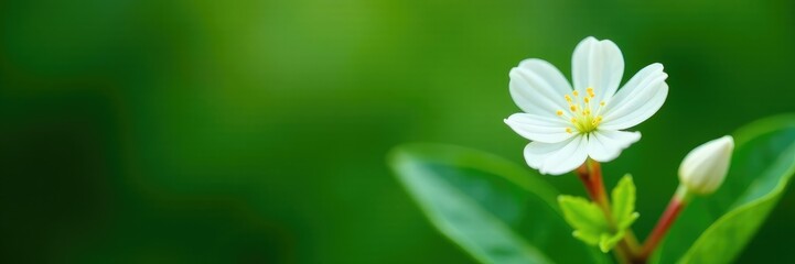 White flower blooms on green leafy stem with red stalk, plant, green