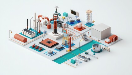 Obraz premium A colorful 3D illustration of an industrial complex featuring various structures like tanks, pipes, and processing units in a stylized layout.