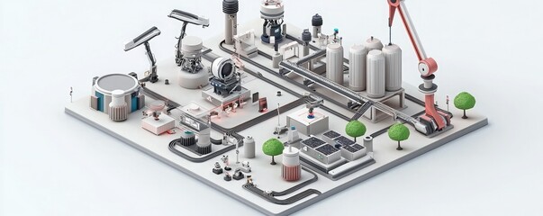 A modern industrial facility layout featuring machinery, storage tanks, and a crane, designed in a clean, stylized aesthetic.
