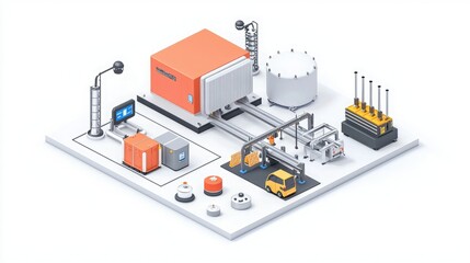 Obraz premium A modern industrial facility featuring storage units, machinery, and safety equipment, representing efficient manufacturing processes.