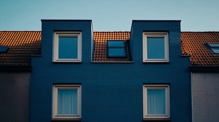 Modern house with solar panels on gable roof, clean design, natural light, sustainable living concept.