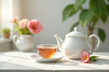 Whiteness of table with tea kettle and flowers, calmingtea, freshflowers, serene