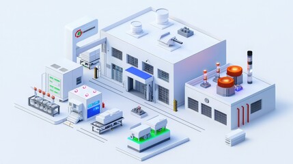 Obraz premium A stylized, isometric view of an industrial facility featuring various buildings, smokestacks, and equipment, representing modern manufacturing or factory design.