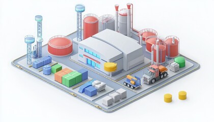 Obraz premium A stylized industrial facility featuring storage tanks, a factory building, and transport vehicles, representing manufacturing and logistics operations.