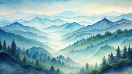 Fototapeta premium Serene Vista Misty Mountains and Verdant Forest Enveloped in a Dreamlike Haze