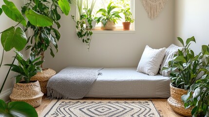 Cozy indoor space featuring a minimalistic bed surrounded by lush green plants and natural light