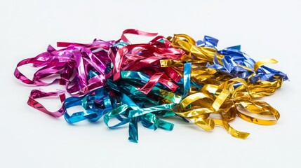A vibrant pile of metallic streamers in assorted colors, perfect for adding a festive touch to any celebration.